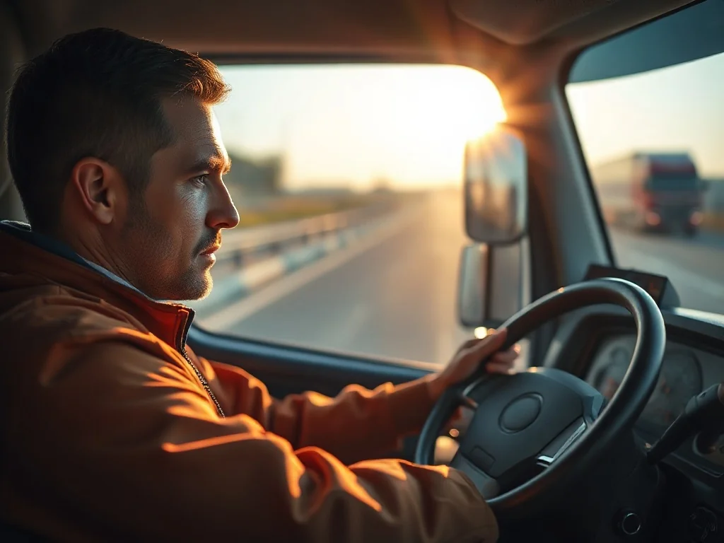Kierowca ciężarówki korzystający z nowoczesnej nawigacji GPS w kabinie pojazdu podczas jazdy autostradą.