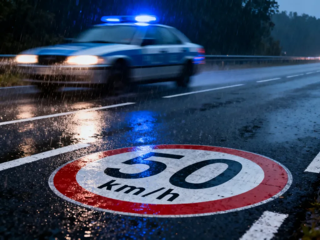 Asfaltowa droga z rozmytym znakiem ograniczenia prędkości do 50 km/h oraz radiowozem z włączonymi sygnałami w deszczowy wieczór.