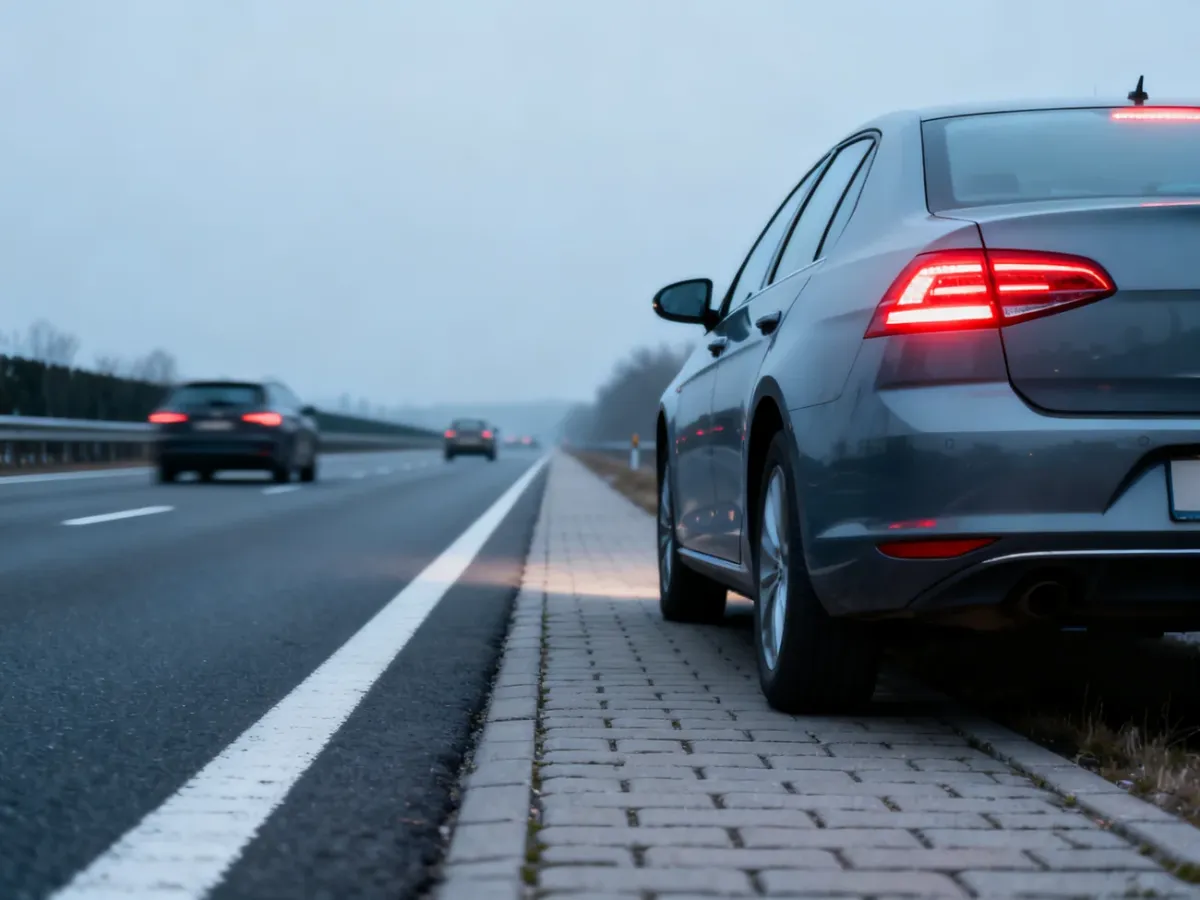 Samochód osobowy zatrzymany na utwardzonym pasie awaryjnym autostrady
