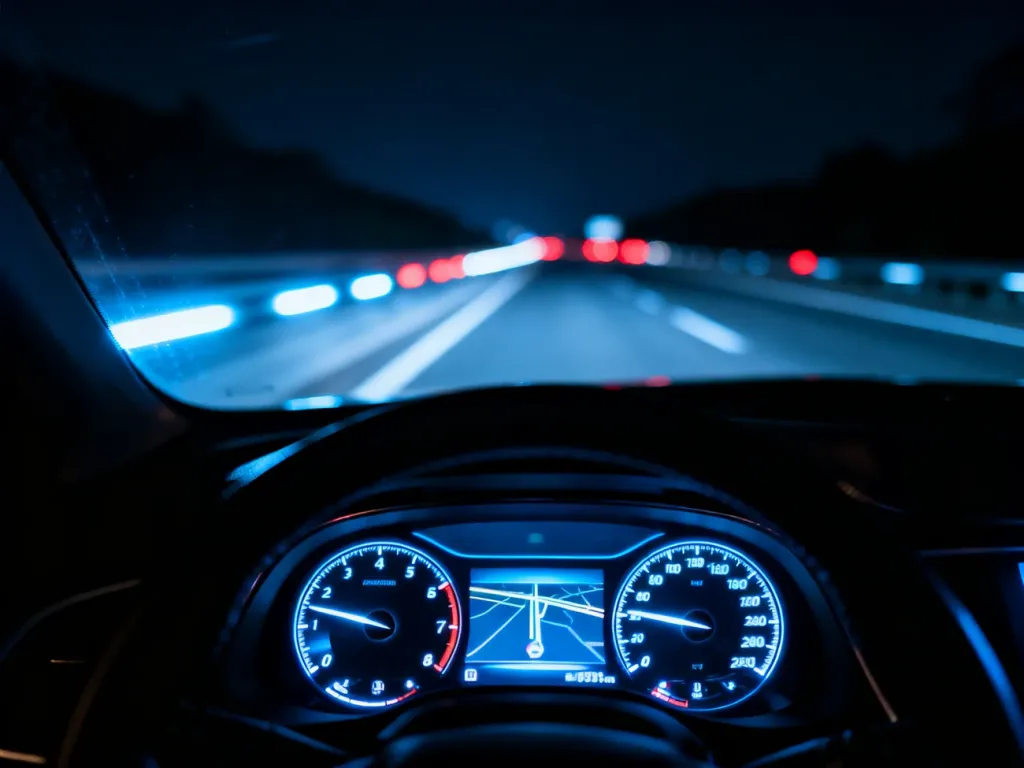 Nowoczesna deska rozdzielcza samochodu z podświetlanymi wskaźnikami oraz widok na oświetloną drogę podczas nocnej jazdy.