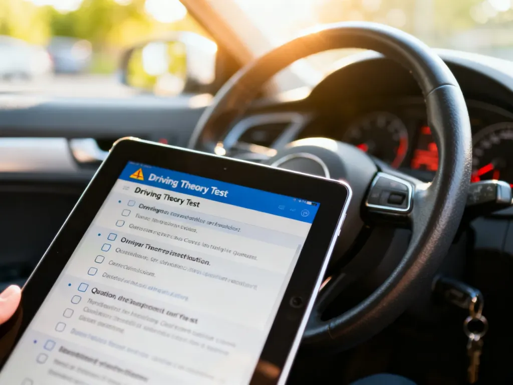 Tablet z aplikacją do nauki teorii jazdy na tle deski rozdzielczej samochodu, przygotowujący do egzaminu na prawo jazdy.