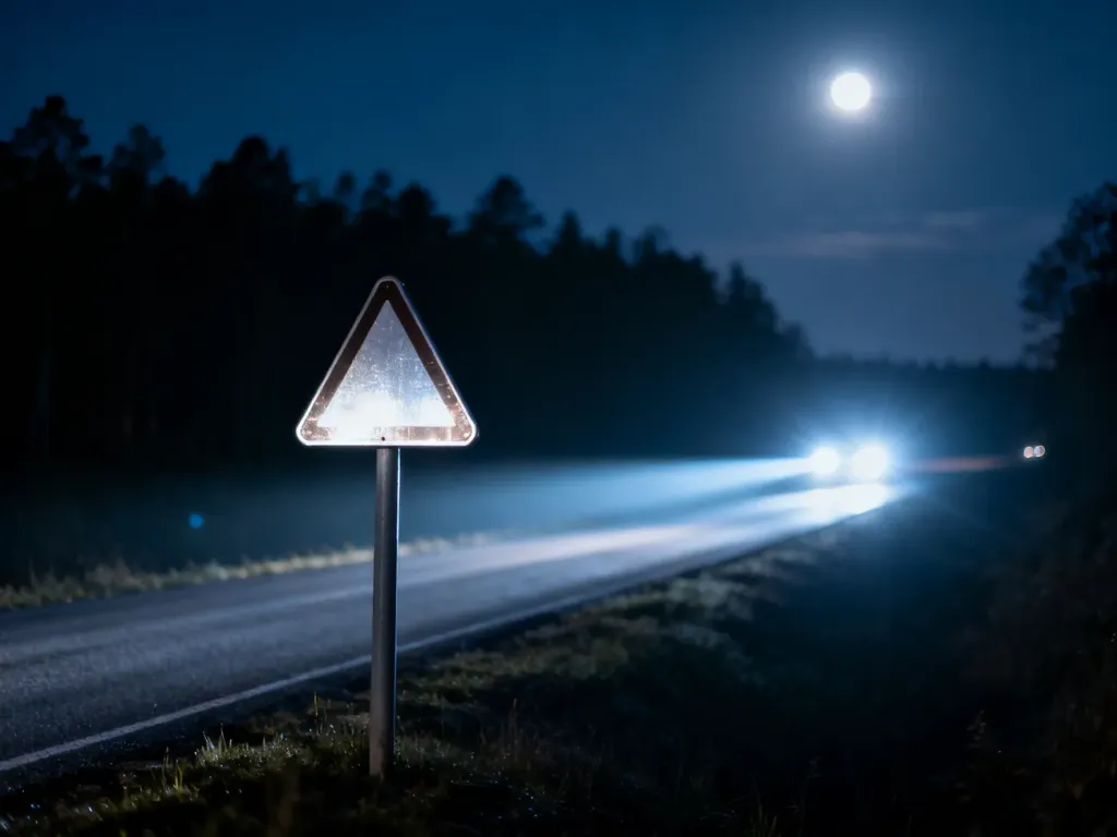 Oświetlony reflektorami znak ograniczenia prędkości na pustej drodze krajowej w nocy.