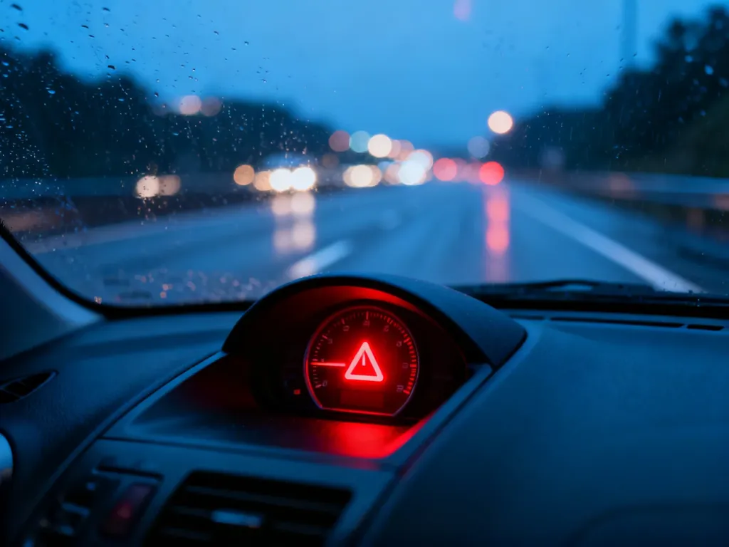 Czerwona kontrolka ostrzegawcza na desce rozdzielczej samochodu na tle deszczowej autostrady.