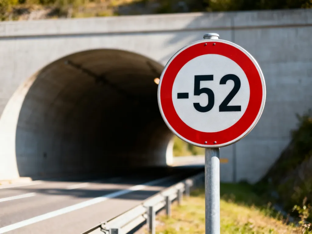 Znak drogowy D-52 informujący o początku tunelu, ustawiony przy wjeździe do nowoczesnego obiektu na autostradzie.