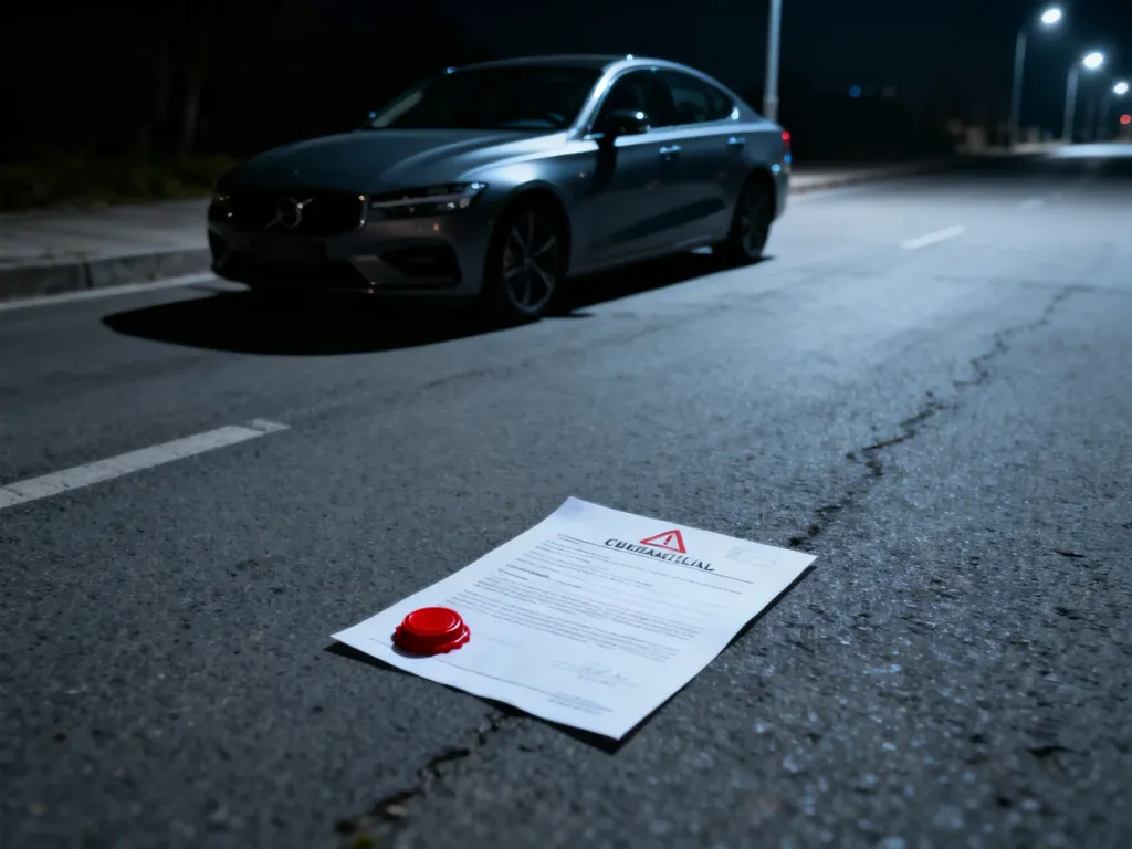 Nowoczesny samochód zaparkowany na drodze oraz oficjalny dokument z czerwoną pieczęcią, symbolizujący konsekwencje braku OC.