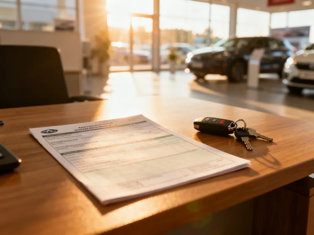 Dowód rejestracyjny samochodu oraz kluczyki leżące na biurku w tle salonu samochodowego.
