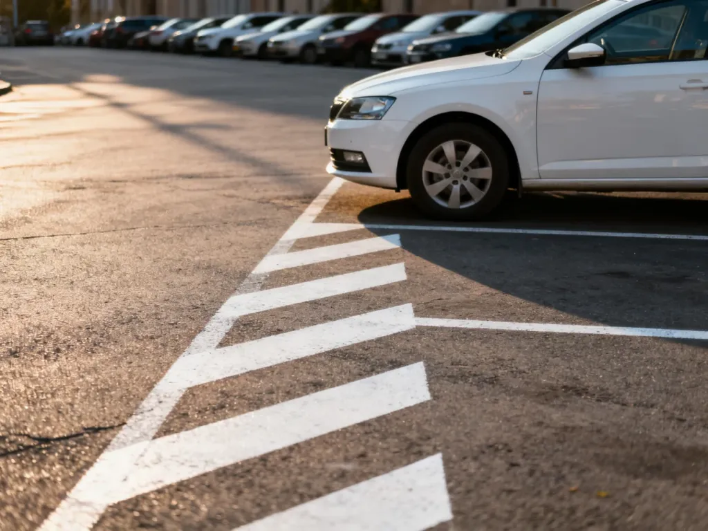 Biały samochód wykonujący manewr parkowania skośnego na wyznaczonym miejscu parkingowym.