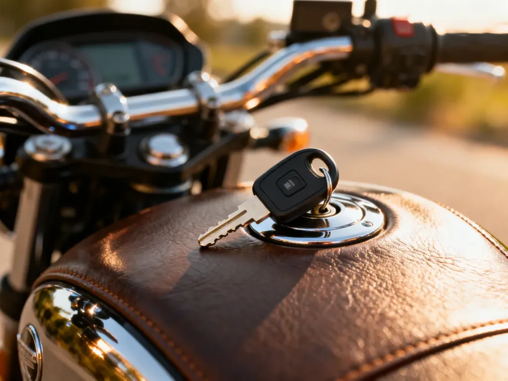 Kluczyk do motocykla leżący na skórzanym siedzeniu, symbolizujący gotowość do rozpoczęcia przygody z jednośladem.