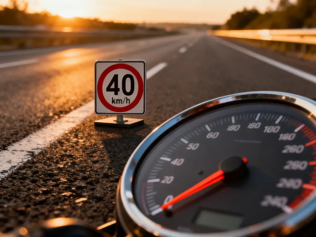 Wskazówka prędkościomierza wskazująca wysoką prędkość na tle znaku ograniczenia i rozmytej autostrady o zachodzie słońca.