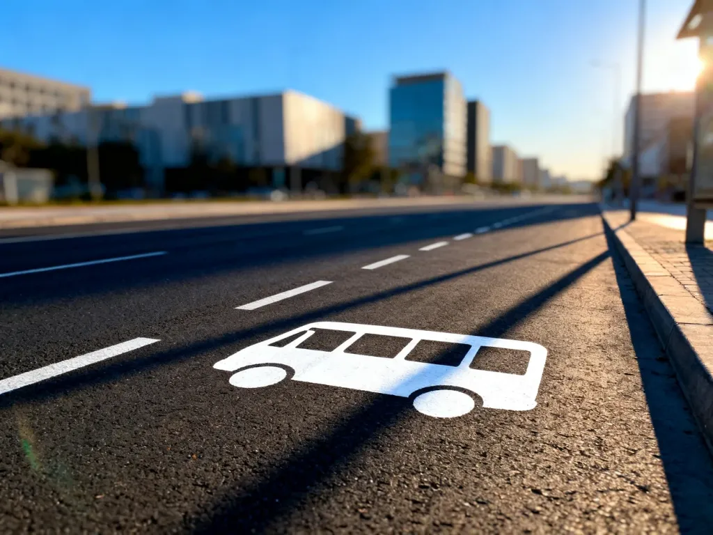 Miejska ulica z wyraźnie oznaczonym pasem dla autobusów, na którym widnieje biały symbol pojazdu.