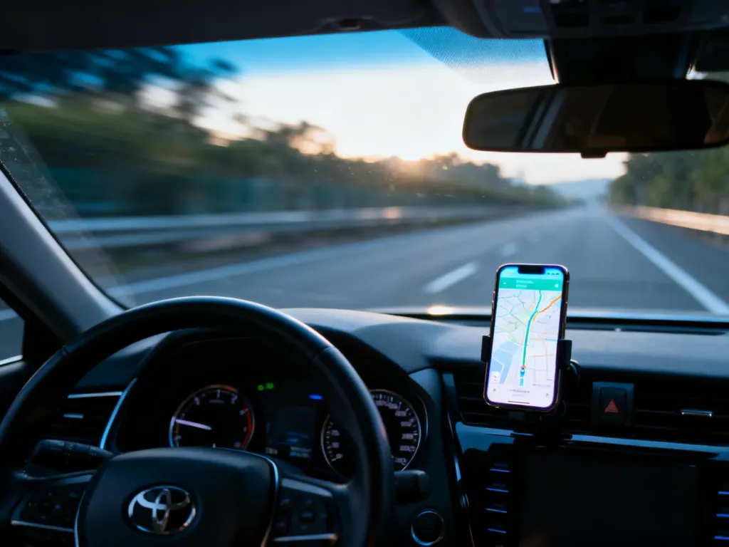 Smartfon zamontowany na desce rozdzielczej samochodu z włączoną nawigacją, symbolizujący korzystanie z telefonu za kierownicą.