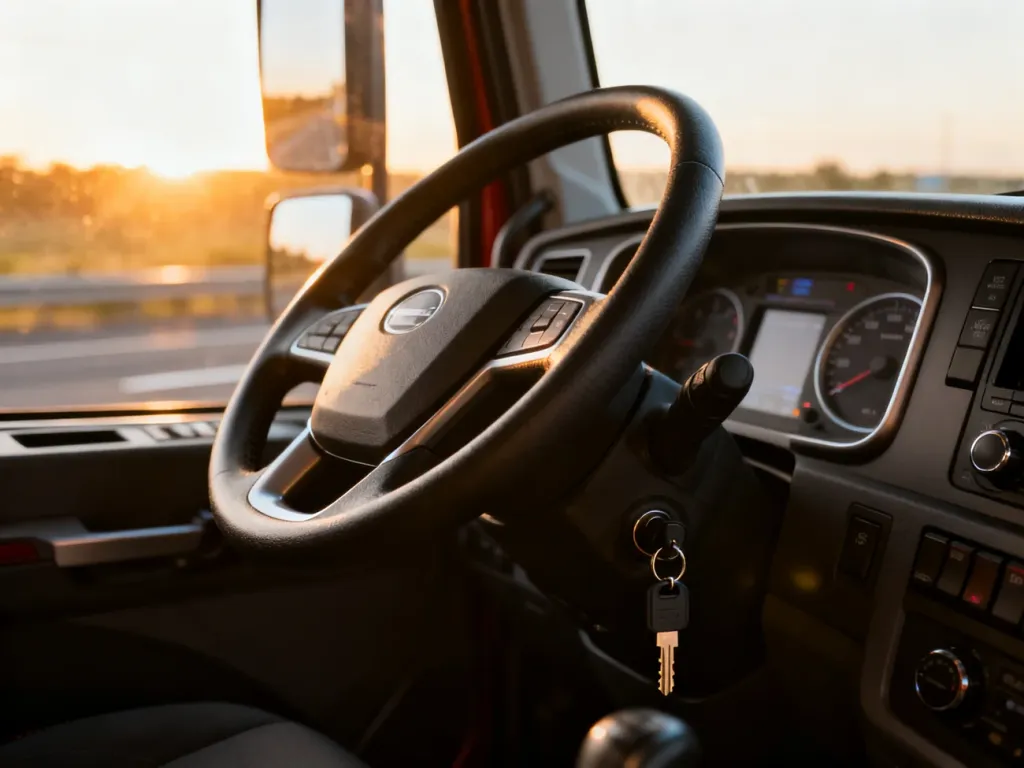 Nowoczesna kabina ciężarówki z widokiem na autostradę o wschodzie słońca, podkreślająca profesjonalizm pracy kierowcy.