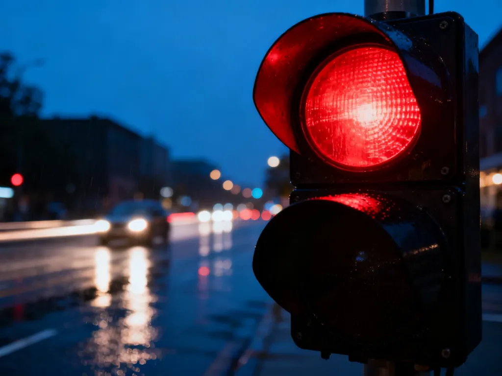 Czerwone światło sygnalizatora na tle wieczornego, deszczowego skrzyżowania w mieście.