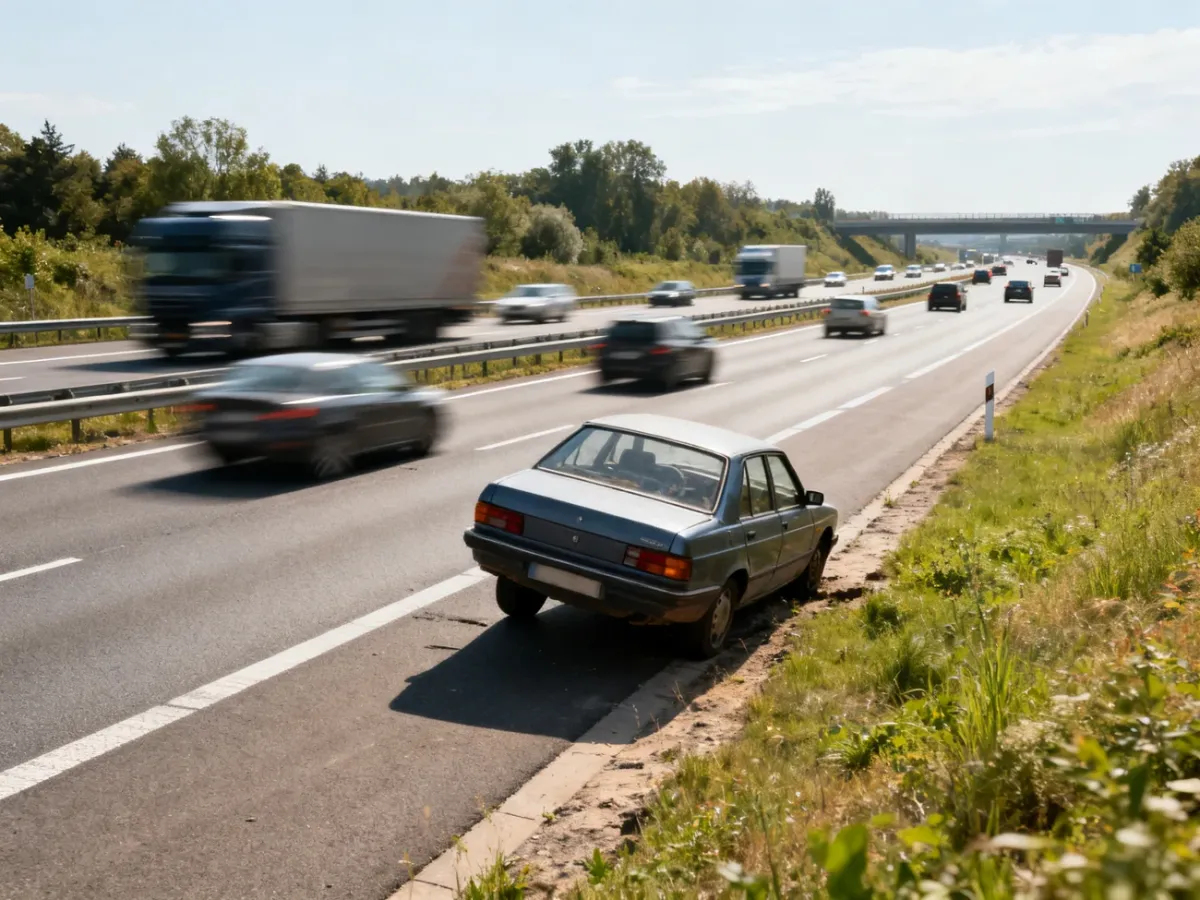 Samochód cofający na autostradzie, podczas gdy z tyłu nadjeżdżają inne pojazdy