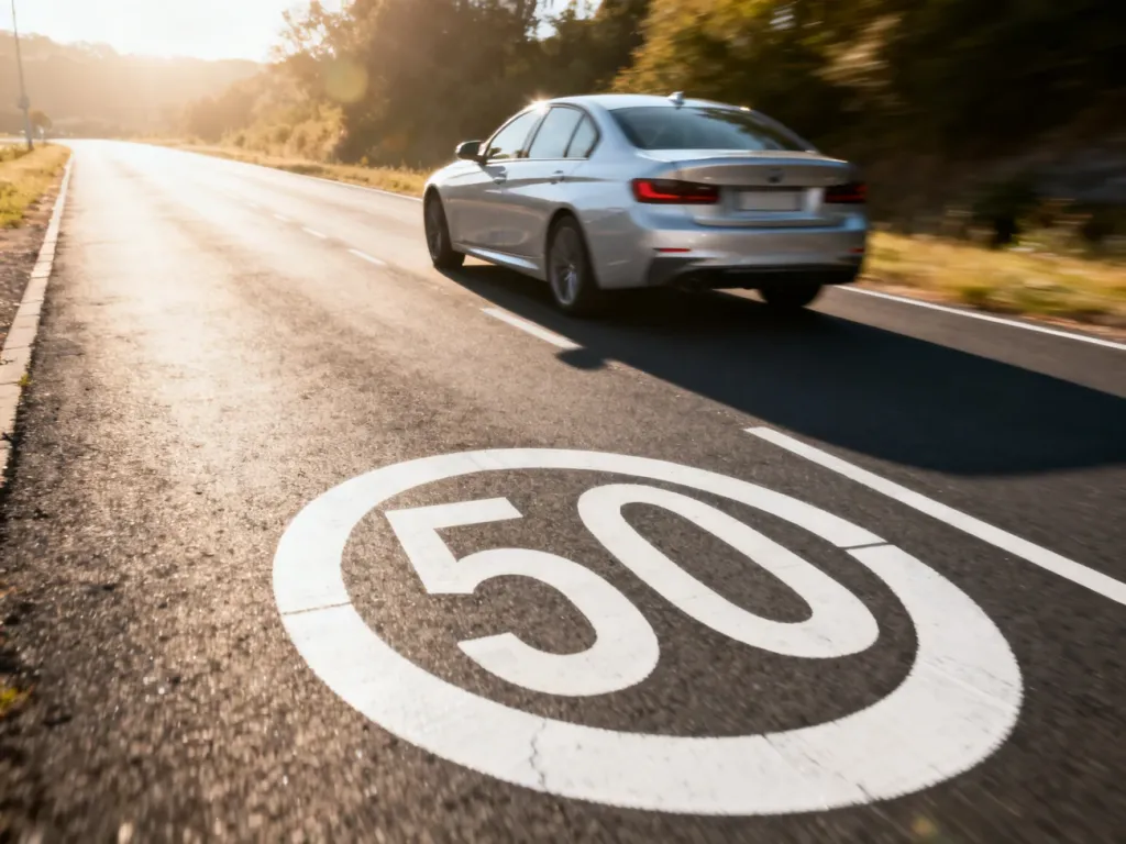 Znak ograniczenia prędkości do 50 km/h ustawiony przy drodze, na której w oddali widać jadący samochód.