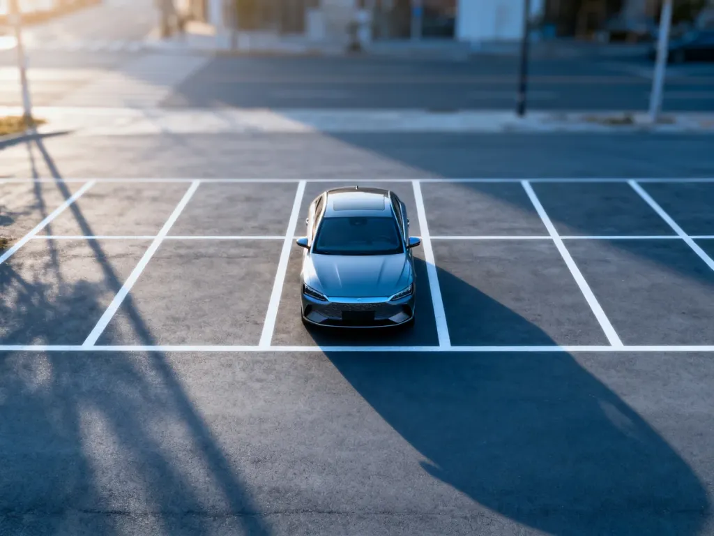 Nowoczesny samochód zaparkowany idealnie w wyznaczonych liniach na parkingu, ilustrujący poprawne parkowanie.