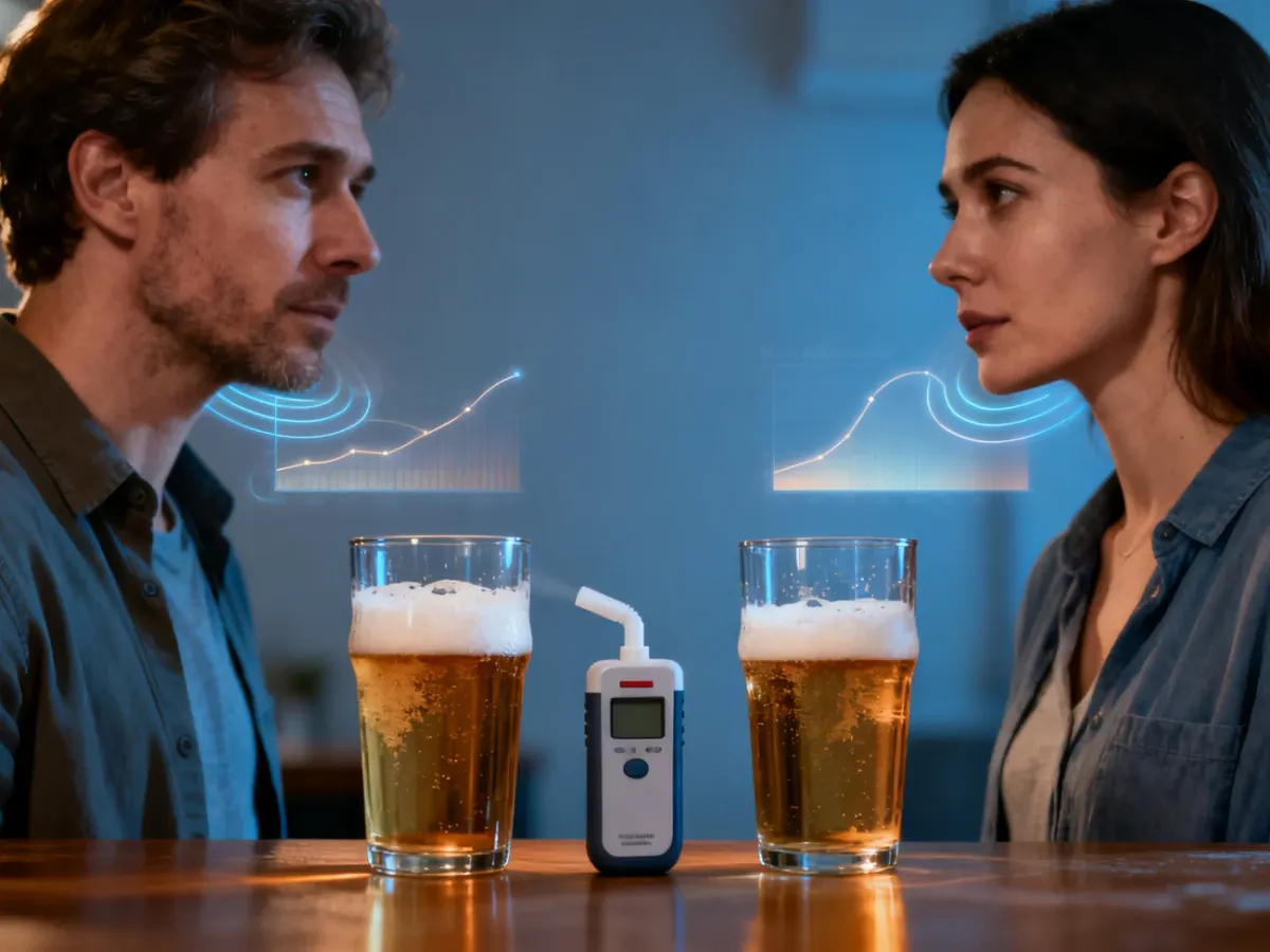 Dwie osoby po takim samym piwie i alkomat pokazujący różnice w stężeniu alkoholu