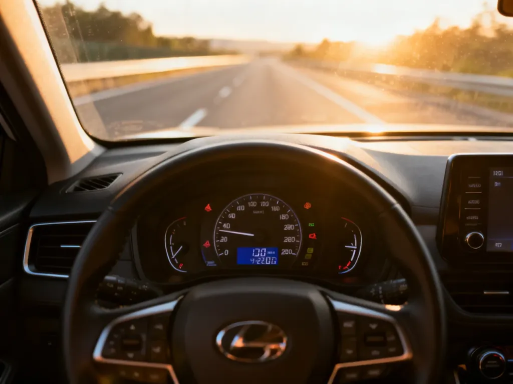Deska rozdzielcza nowoczesnego samochodu z widocznym licznikiem kilometrów na tle słonecznej autostrady.
