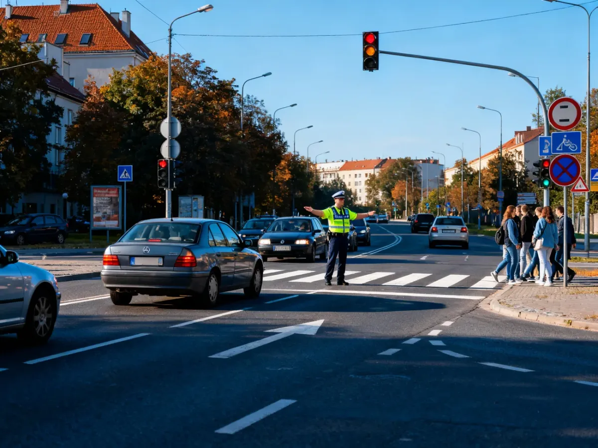 Kierowca ostrożnie poruszający się przez miejskie skrzyżowanie z policjantem, sygnalizacją i znakami drogowymi
