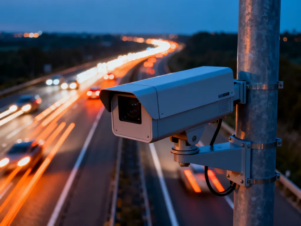Nowoczesny fotoradar odcinkowego pomiaru prędkości przy autostradzie o zmierzchu z rozmytymi światłami przejeżdżających aut.