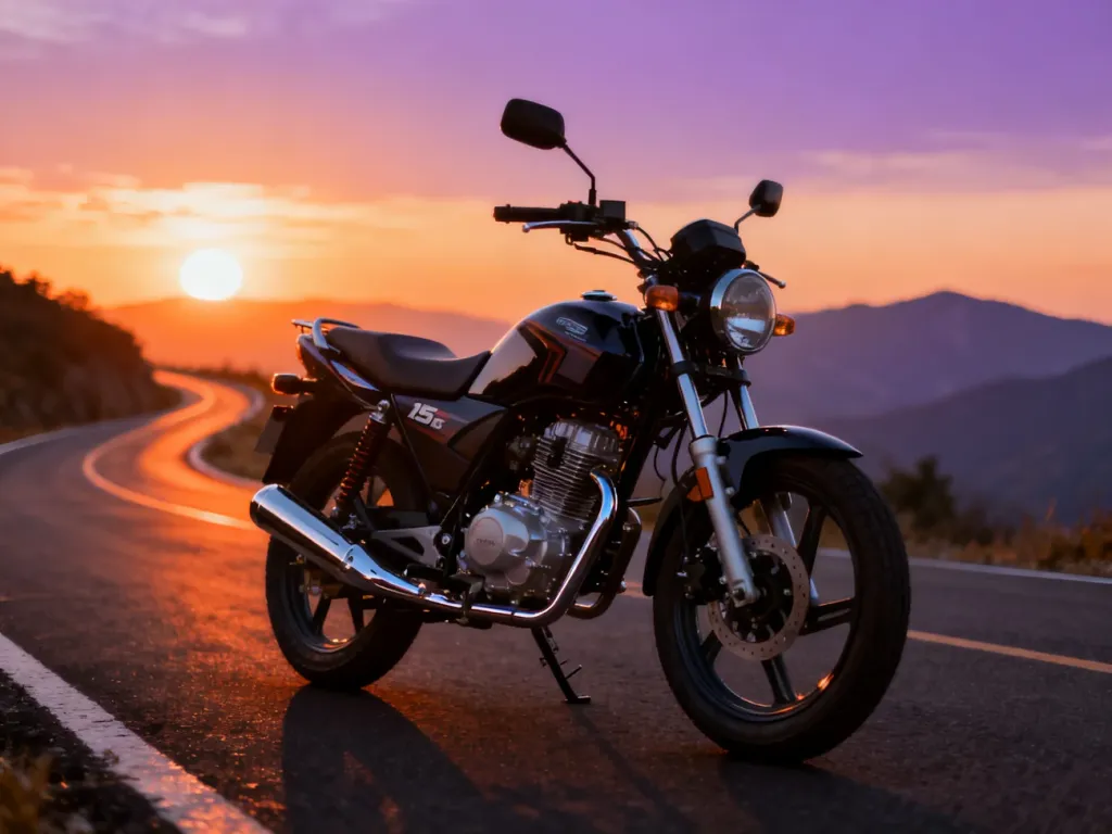 Nowoczesny motocykl o pojemności 125 cm³ zaparkowany na drodze podczas zachodu słońca, podkreślający pasję do jazdy jednośladem.