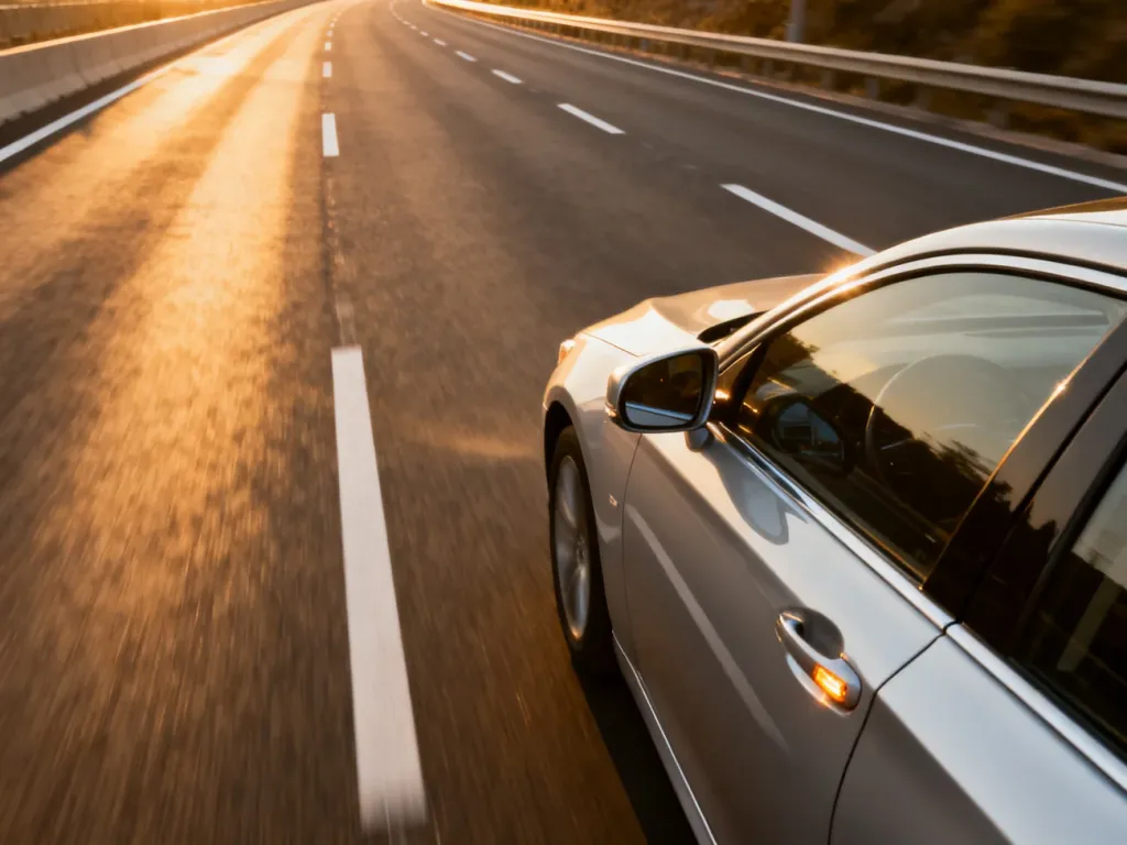 Srebrny samochód wykonujący płynną zmianę pasa ruchu na autostradzie w świetle zachodzącego słońca.