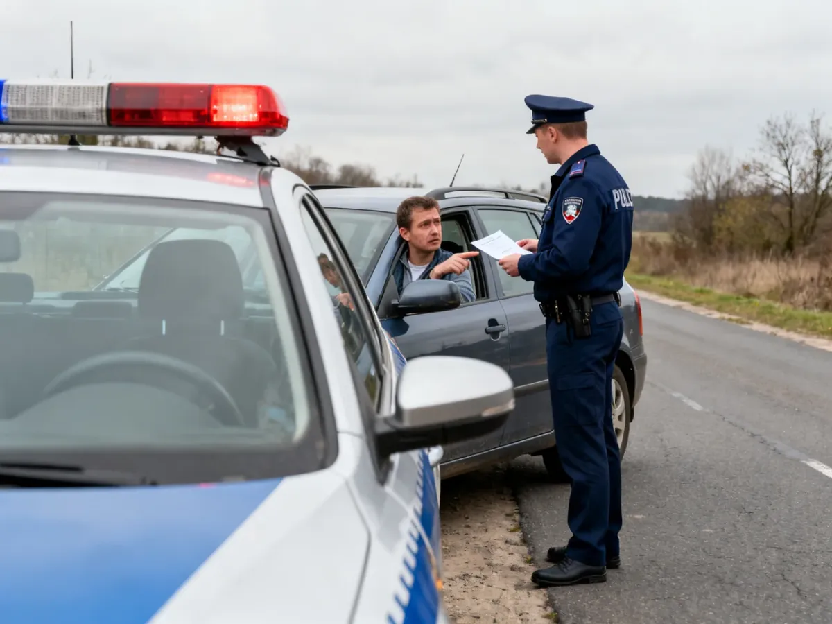 Policjant kontrolujący samochód podczas kontroli drogowej