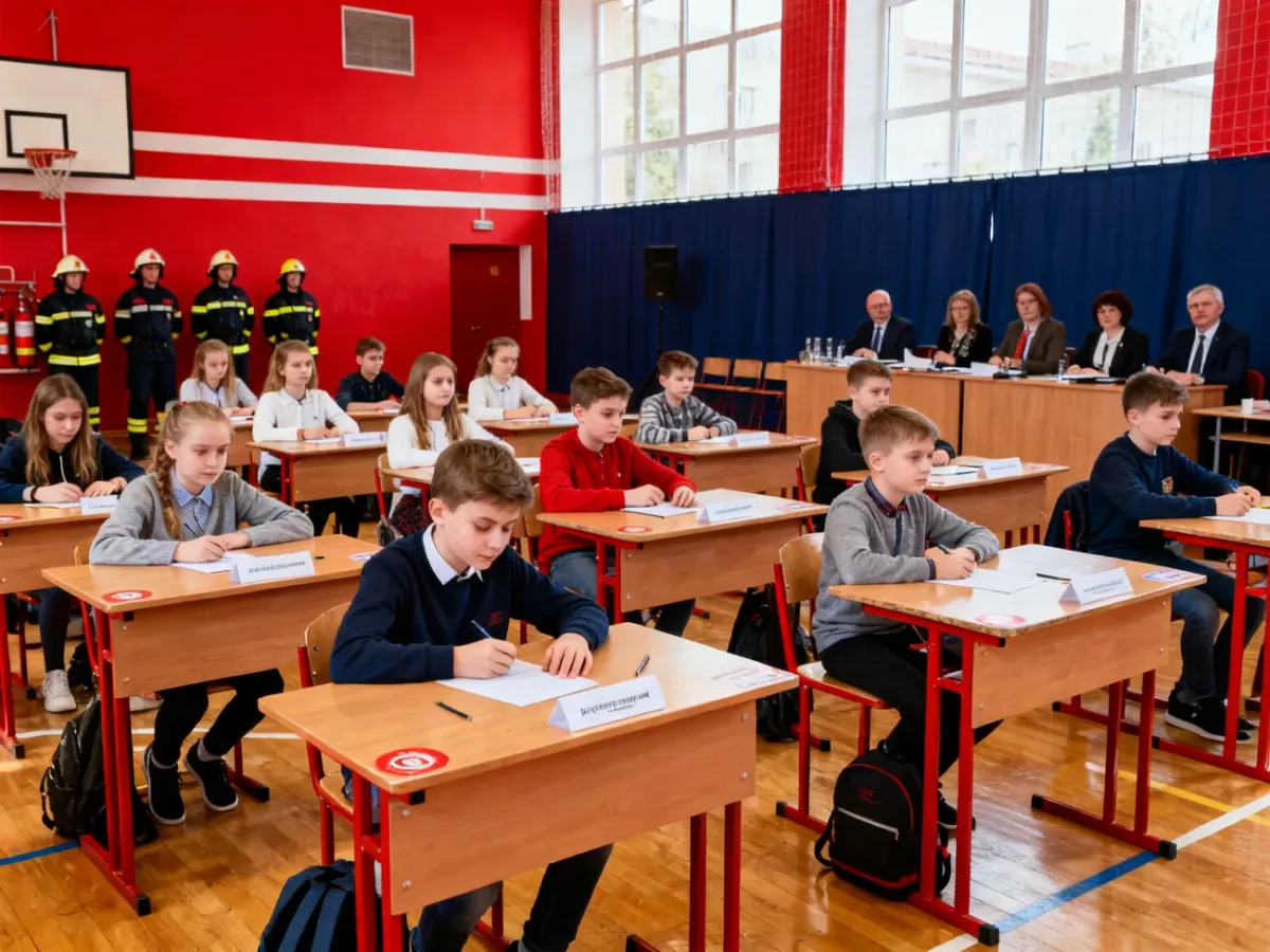 Uczniowie podczas turnieju wiedzy pożarniczej przed komisją