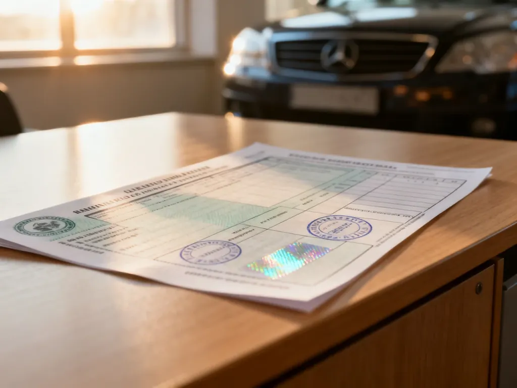 Dowód rejestracyjny pojazdu leżący na drewnianym biurku z widocznymi hologramami i strukturą dokumentu.