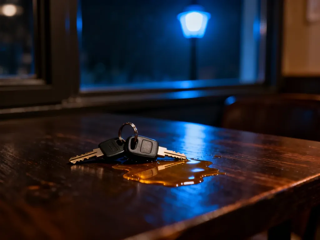 Kluczyki samochodowe obok rozlanego alkoholu na stole, symbolizujące niebezpieczeństwo prowadzenia pod wpływem.