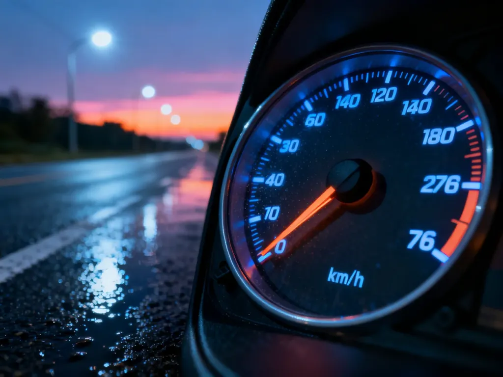 Wskazówka prędkościomierza nowoczesnego samochodu ustawiona na 76 km/h na tle rozmytej, mokrej drogi o zmierzchu.