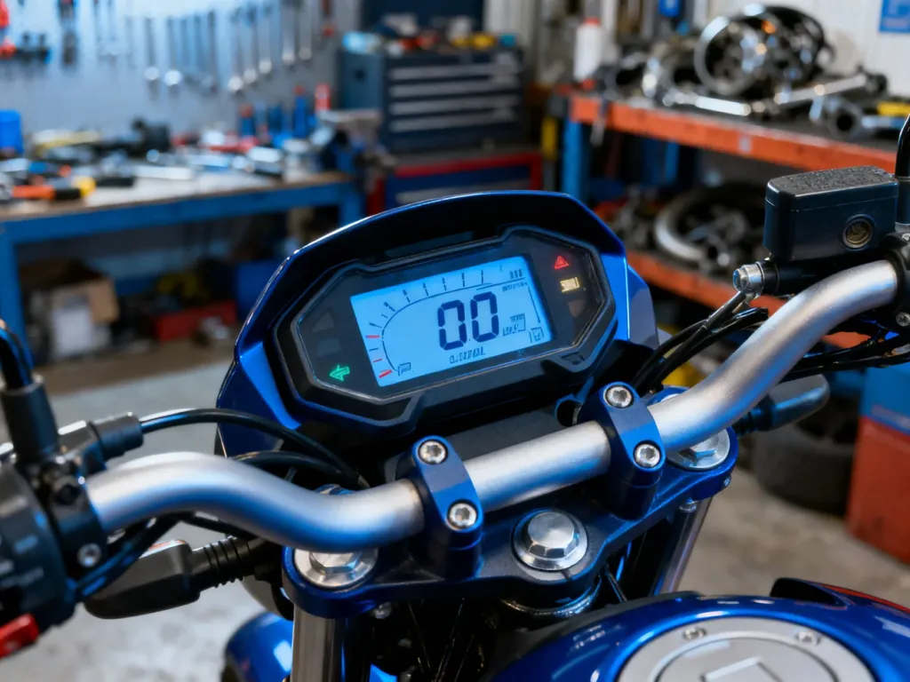 Cyfrowy licznik motocykla z widocznym przebiegiem na tle profesjonalnego warsztatu.
