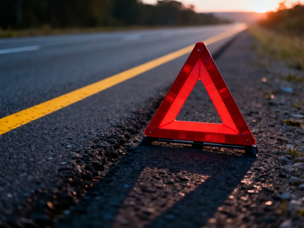 Czerwony trójkąt ostrzegawczy ustawiony na pasie awaryjnym autostrady w świetle zachodzącego słońca.