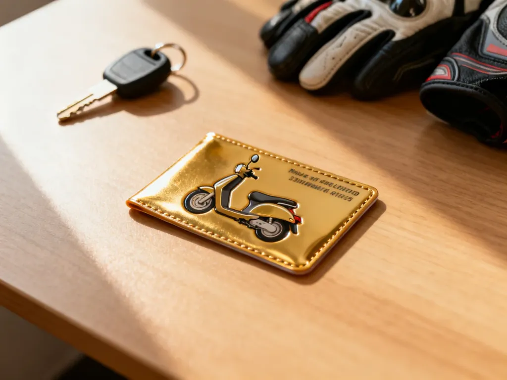Plastikowe prawo jazdy kategorii AM leżące na drewnianym biurku obok kluczyka do skutera i rękawic motocyklowych.
