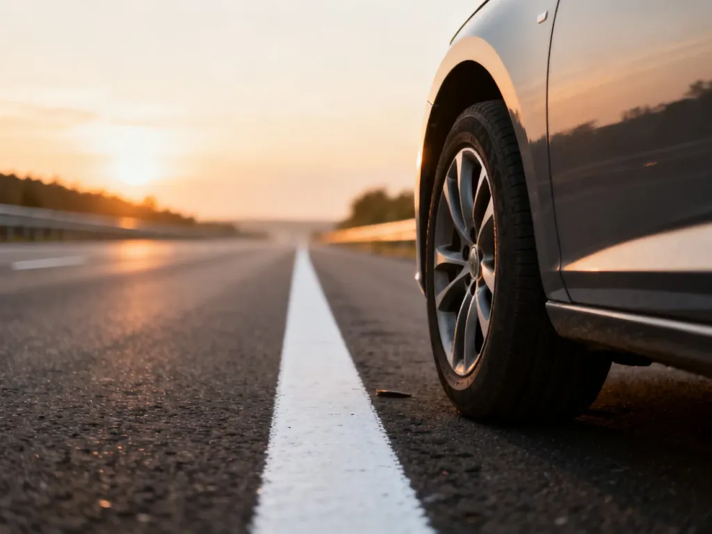 Nowoczesny samochód bezpiecznie zjeżdżający na szerokie pobocze autostrady w świetle zachodzącego słońca.