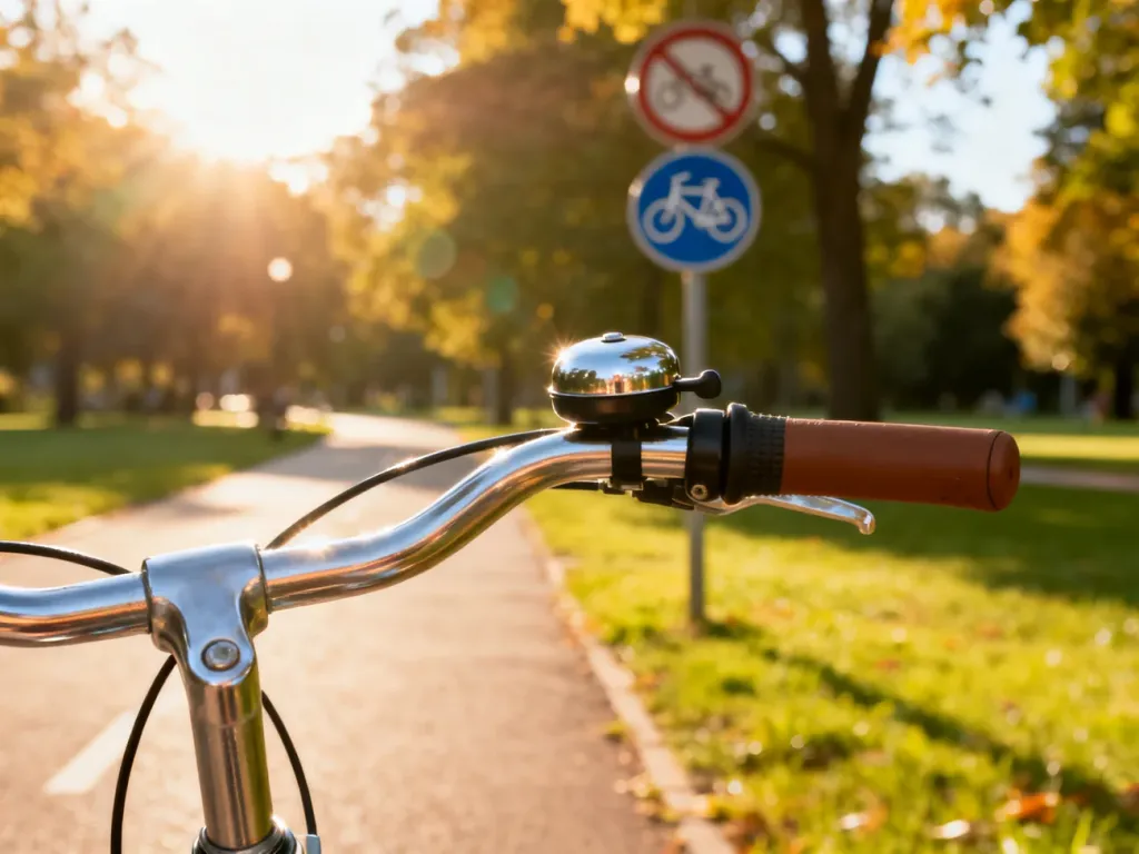 Kierownica roweru z dzwonkiem na tle słonecznej ścieżki rowerowej w parku.