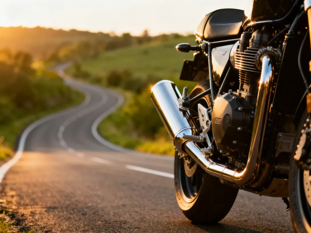 Zbliżenie na nowoczesny silnik motocykla i chromowany wydech na tle malowniczej, krętej drogi w świetle zachodzącego słońca.
