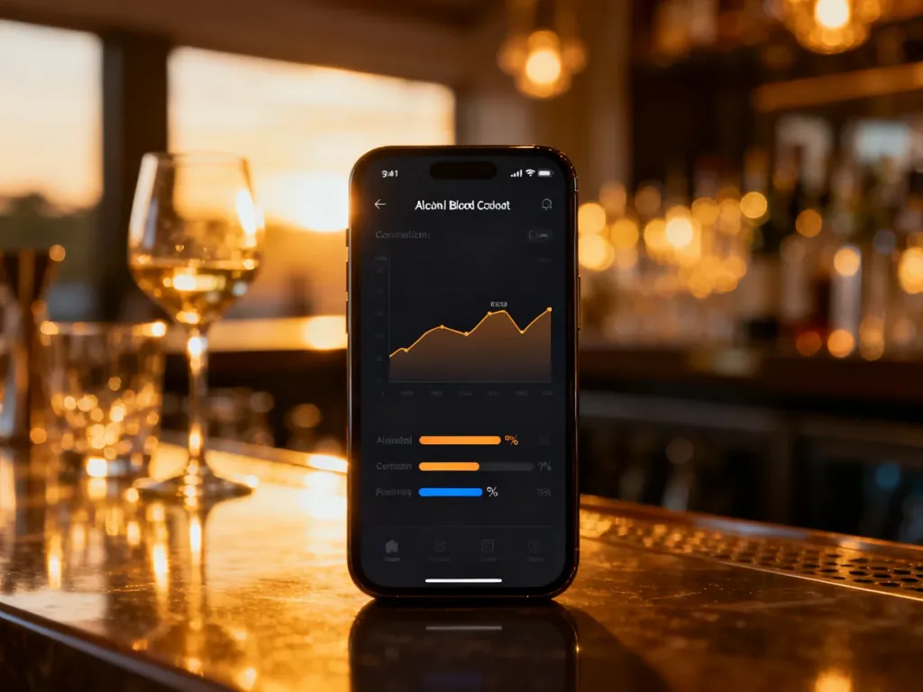 Smartfon z aplikacją do obliczania poziomu alkoholu we krwi na tle eleganckiego baru.