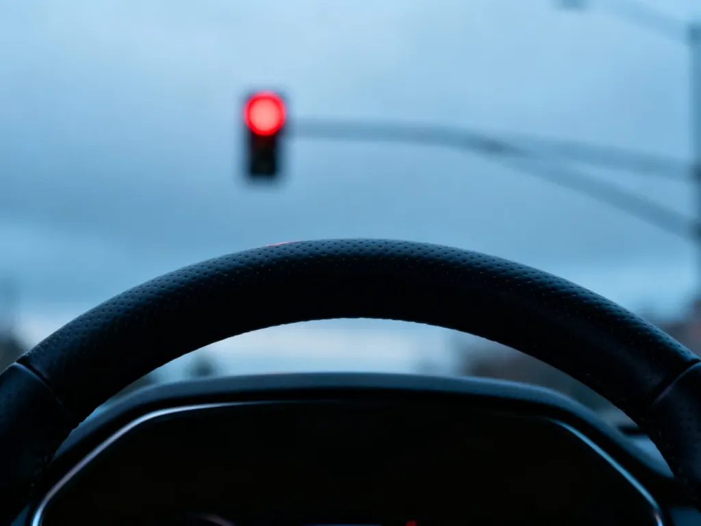 Kierownica nowoczesnego samochodu na tle rozmytego czerwonego światła sygnalizacji drogowej.