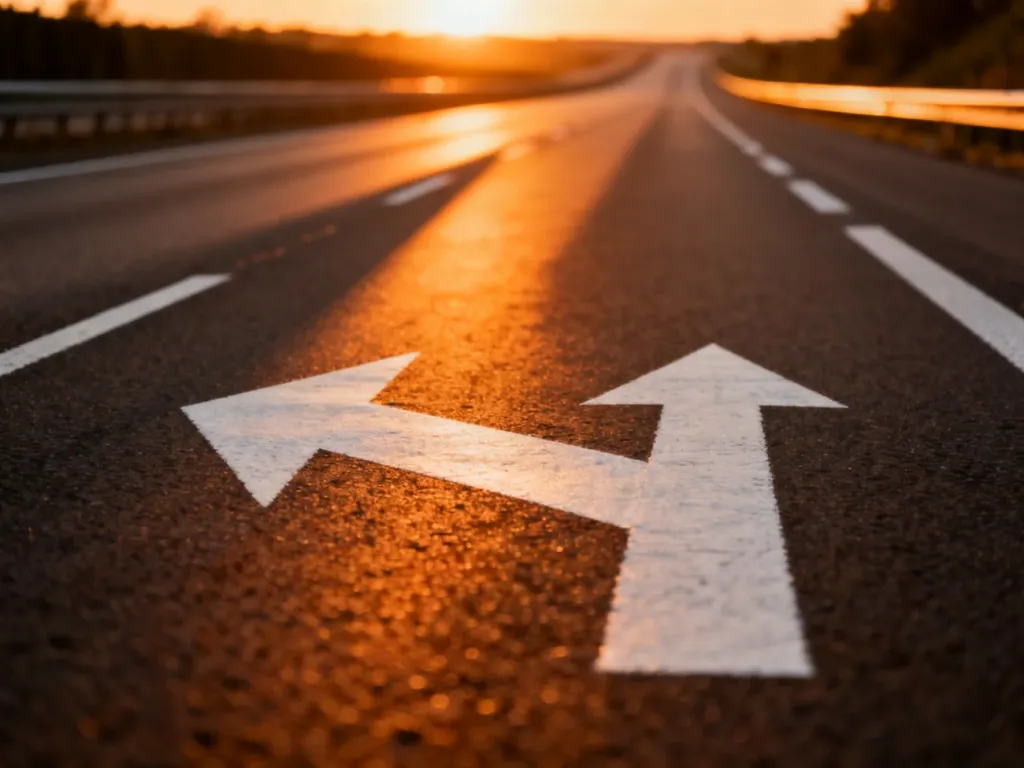 Widok z góry na wielopasmową autostradę podczas zachodu słońca, podkreślający oznaczenia poziome na jezdni.