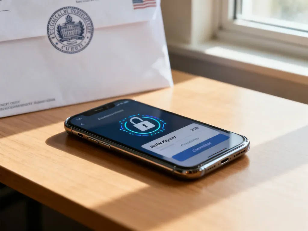 Smartfon z otwartą aplikacją bankową do płatności online oraz urzędowa koperta na biurku, symbolizujące opłacanie mandatu.