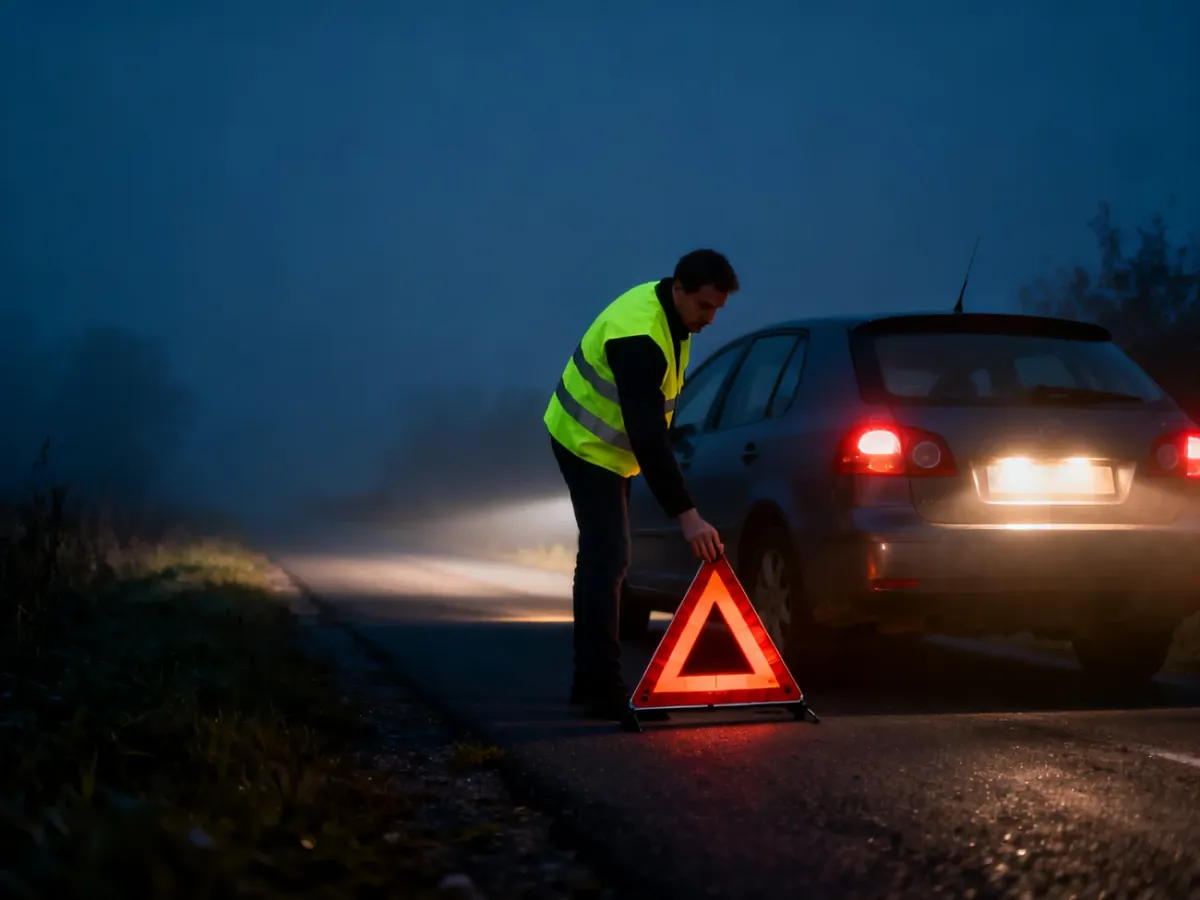 Kierowca w kamizelce odblaskowej ustawia trójkąt ostrzegawczy przy samochodzie nocą