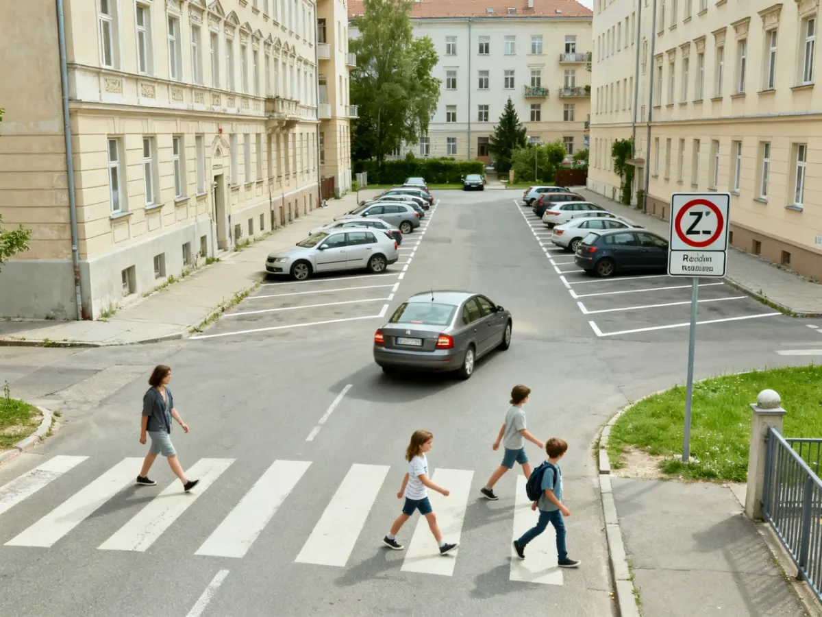 Wjazd do strefy zamieszkania z pieszymi korzystającymi z całej szerokości drogi