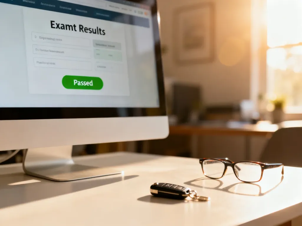 Ekran komputera z informacją o pozytywnym wyniku egzaminu na prawo jazdy, obok kluczyki do samochodu i okulary.