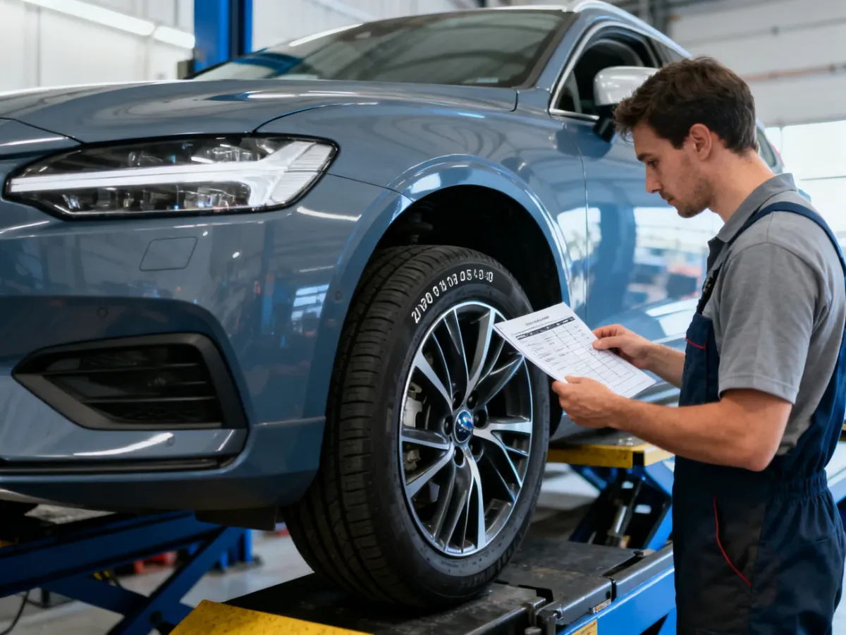 Mechanik sprawdzający zgodność rozmiaru opony z dokumentacją samochodu