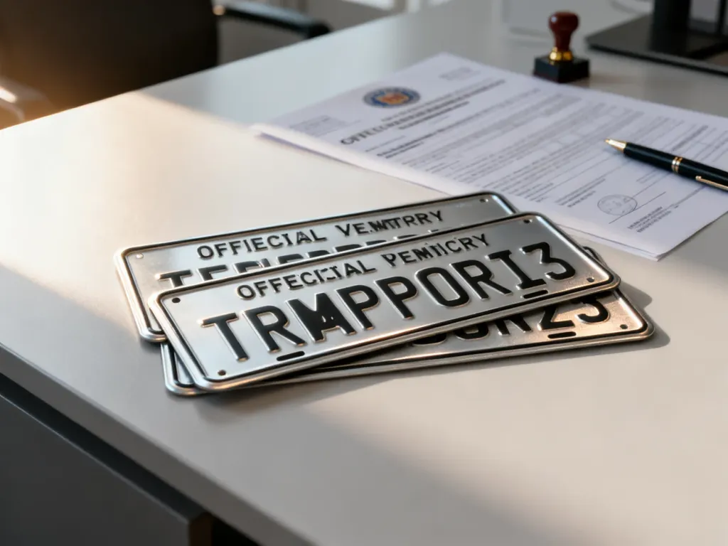 Tymczasowe tablice rejestracyjne leżące na biurku obok oficjalnych dokumentów, symbolizujące proces formalnej rejestracji.