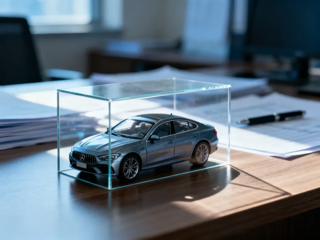 Miniaturowy model samochodu pod szklaną osłoną, symbolizujący ochronę ubezpieczeniową pojazdu.