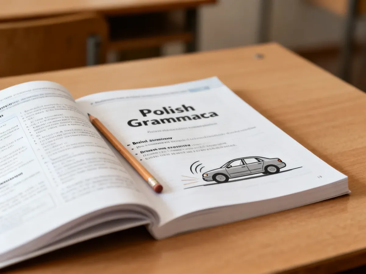 Książka do nauki języka polskiego obok ołówka i ilustracji bezpiecznie hamującego samochodu