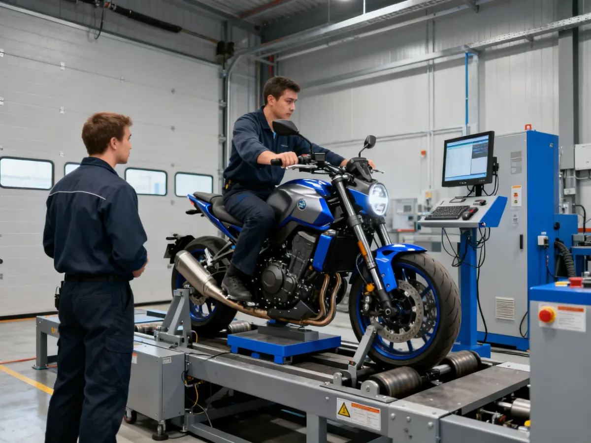 Motocyklista ustawia motocykl na rolkach w stacji kontroli pojazdów