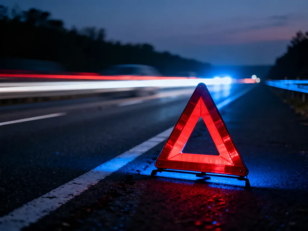 Ostrzegawczy trójkąt na autostradzie o zmroku, symbolizujący niebezpieczeństwo związane z nieprawidłowym manewrem cofania.